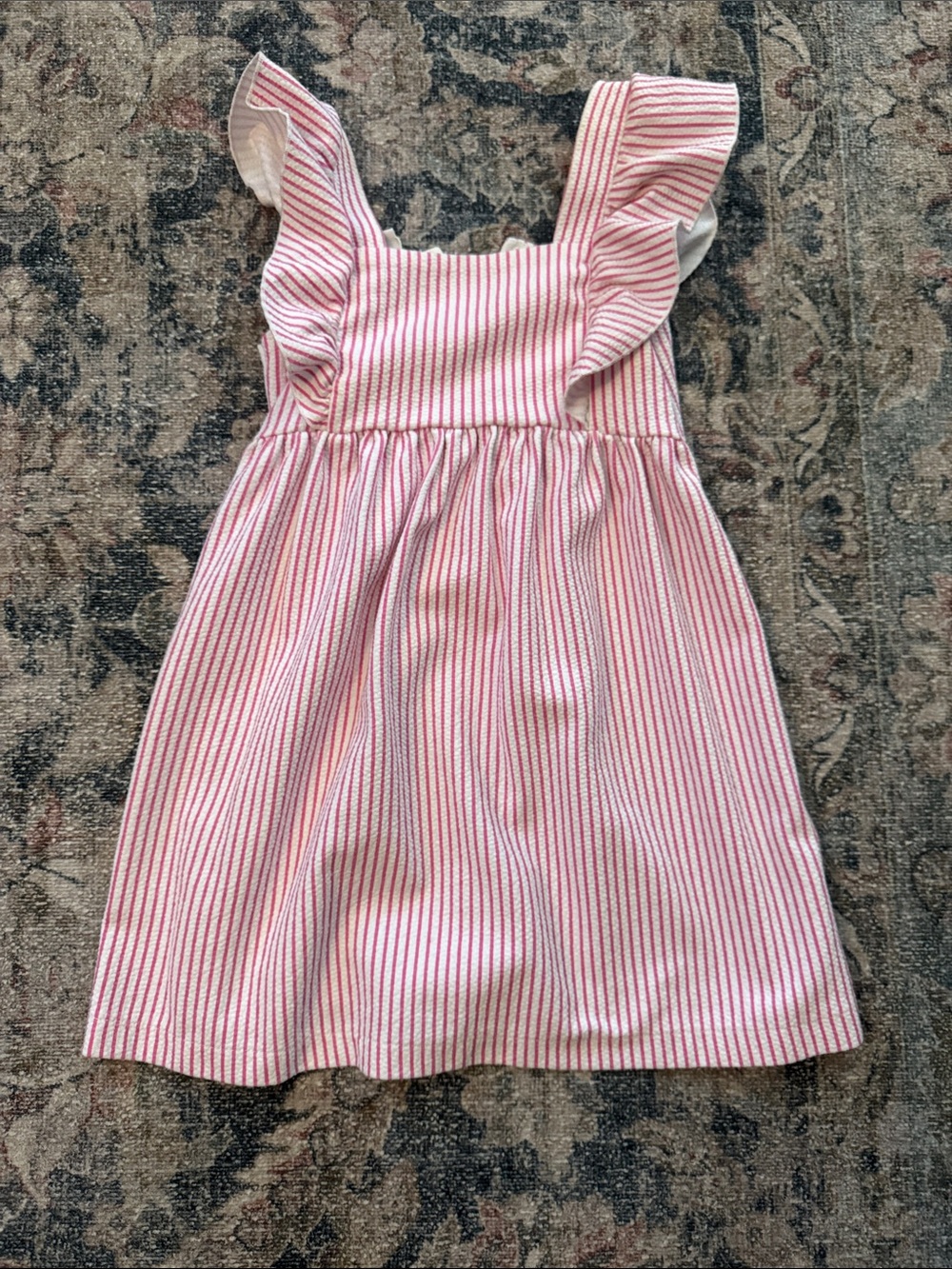 Zara Pink and White Striped Ruffle-Shoulder Dress